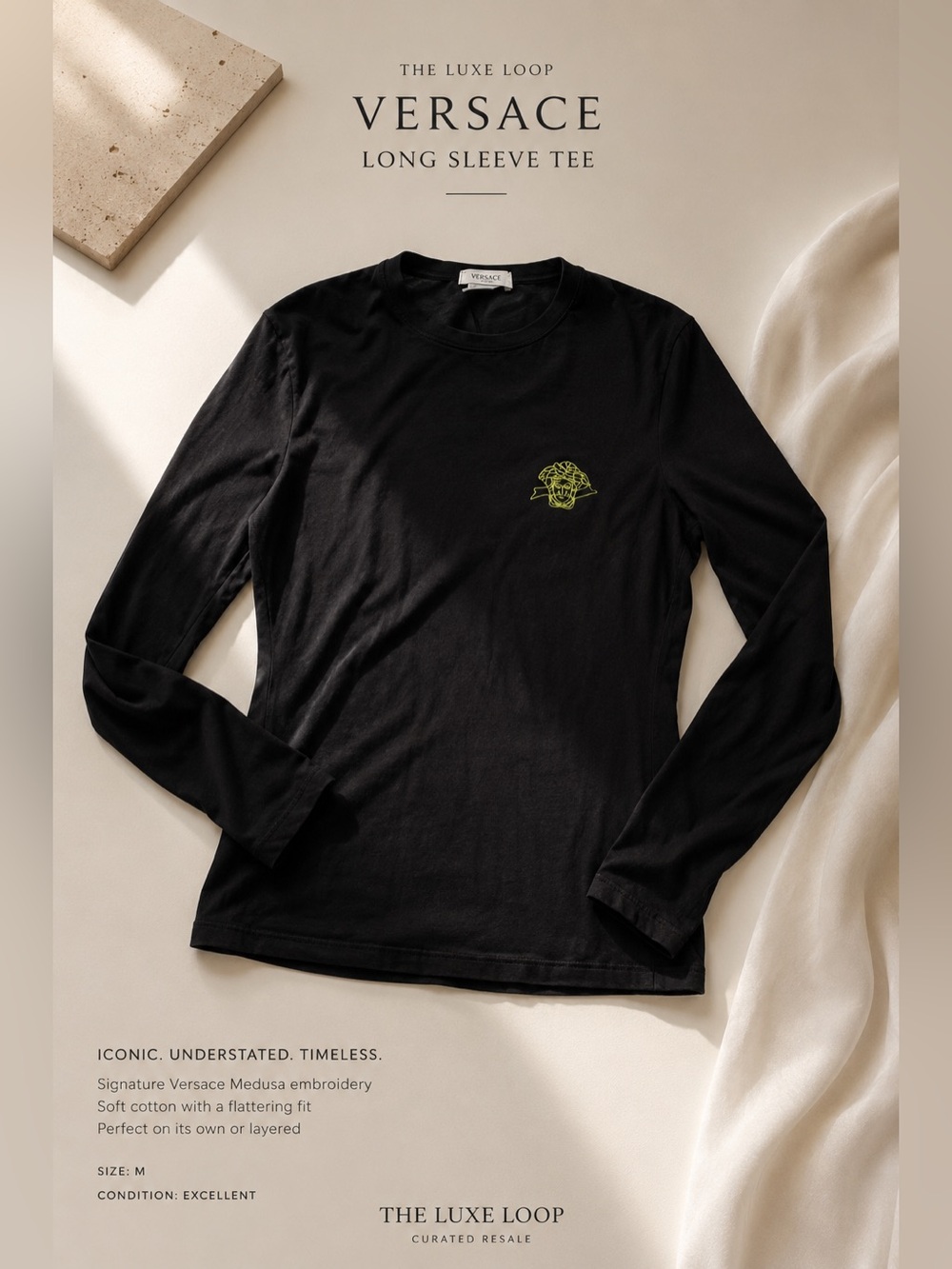 Versace Black Long Sleeve Tee with Neon Green Medusa Patch